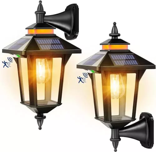 Moman Luz Solar Exterior Vintage con Sensor de Movimiento - 3 Modos, Impermeable IP65, Aplique Pared 2 Piezas para Garaje, Jardín, Patio - Farola con Foco