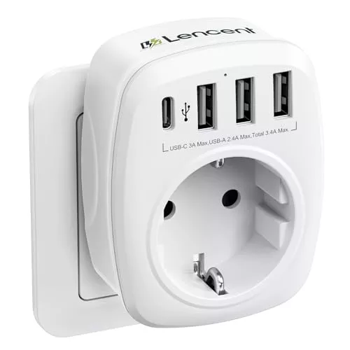 LENCENT Ladron Enchufes de Pared con 1 Toma de CA Schuko Europeo de 2 Pines, 1 Puerto Tipo C y 3 Puertos USB