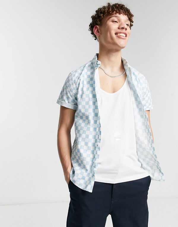 Camisa Oxford azul pastel elástica de corte slim con estampado a cuadros vichy de ASOS DESIGN