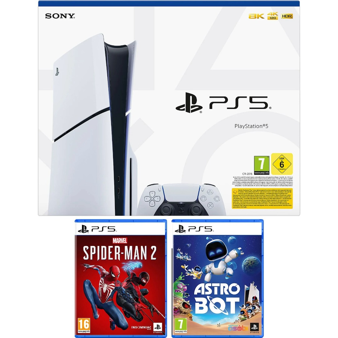 Consola - Sony PS5 Slim Standard, 1 TB SSD, 1 mando + Juego Spider-Man 2 + Juego Astro Bot

