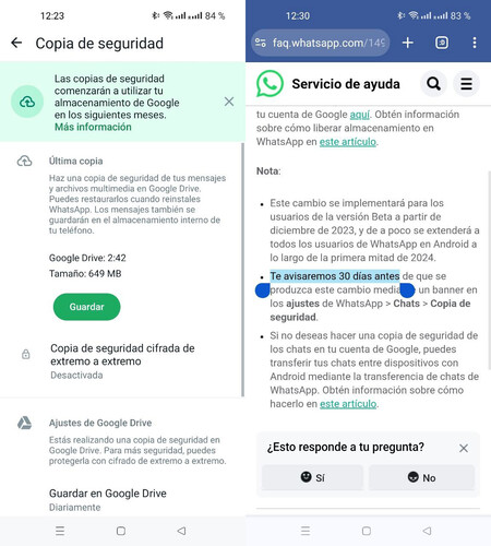 Aviso del fin de las copias de seguridad en WhatsApp