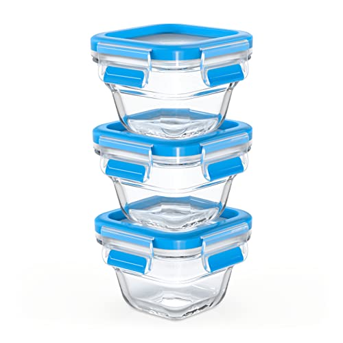 Emsa Clip&Close- Set 3 Herméticos de Cristal redondos de polipropileno, higiénico, no retiene olores ni sabores, certificado "Baby Care",apto para congelador y microondas, apto para lavavajillas, azul