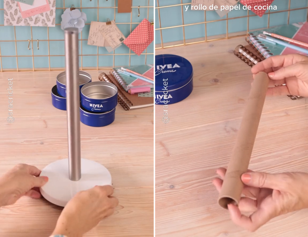 Con unas latas de Nivea y un tubo de papel de cocina podrás hacer el organizador o joyero giratorio más práctico y bonito 