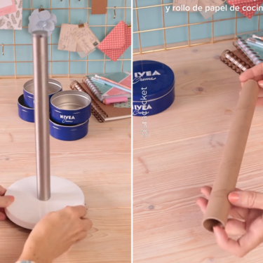 Nunca se me hubiera ocurrido usar unas latas de Nivea y un tubo de papel de cocina para hacer un organizador giratorio