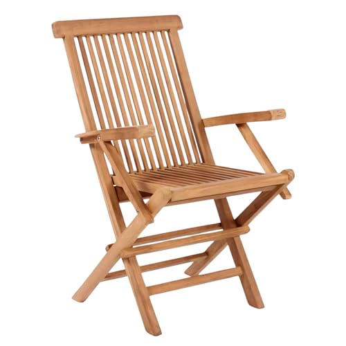 MR. DEKO Silla de jardín teca maciza Andover | Robusta, resistente a la intemperie | Asiento cómodo con reposabrazos, diseño atemporal, uso balcón terraza exterior, 60 x 53 x 89 cm