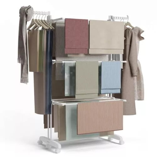 NEWTECK NEWLUX -Tendedero Vertical Plegable XXL Bastion V40 Blanco con Ruedas, 4 Niveles Dobles + Zapatero y 18,5m de tendido. Tendedero Plegable con Soporte para Perchas. Ideal como Perchero