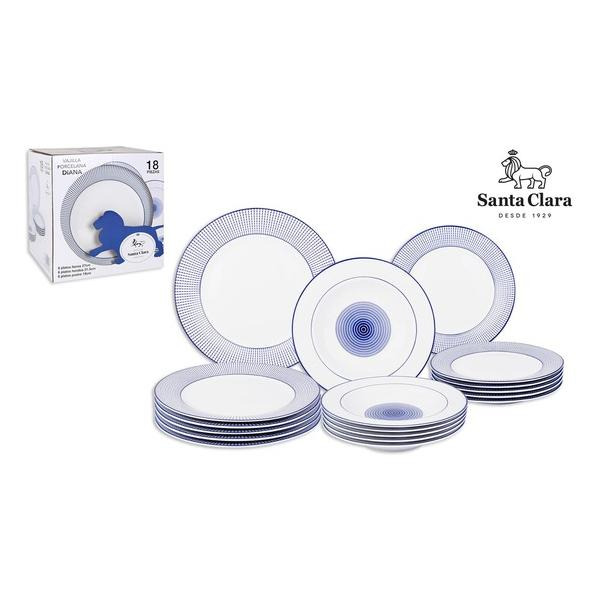 MAXHOME-Vajilla completa de 18 piezas redondas fabricada en porcelana decorada en color azul, Diana santa clara