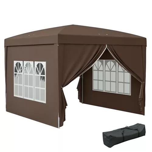 Outsunny Carpa Plegable Pop-up Gazebo 3x3 m Cenador Plegable con 4 Paredes Laterales Anti-UV y Bolsa de Transporte para Camping Fiestas Café