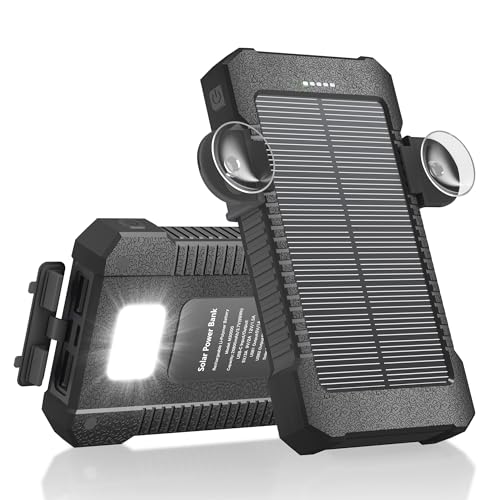 Power Bank Solar de 26800 mAh con Ventosa, Cargador Solar de 3 Puertos de Carga Rápida de 15 W con Linterna