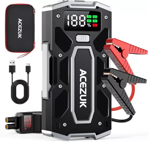 ACEZUK Arrancador de Coches 7000A, Arrancadores de Bateria de Coche Portátil(hasta 8.0L de diésel o 10.0L de Gasolina), 12V Jump Starter, Pinzas Inteligentes con Pantalla, Luz LED, Puerto QC3.0