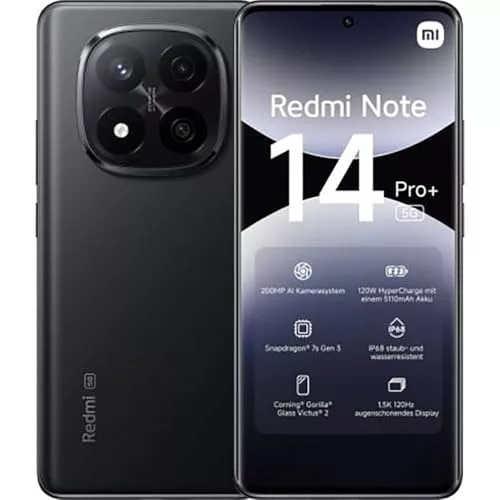 XIAOMI Redmi Note 14 Pro+ 5G - Smartphone de 8+256GB, Pantalla de 6.67" AMOLED FHD+ 120Hz, Snapdragon 7s Gen 3, cámara de 200MP, HyperCharge 120W, 5110 mAh, Cargador no Incluido, Negro (Versión ES)