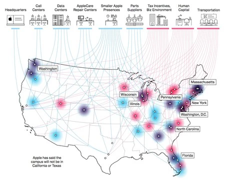 ブルームバーグでは、米国の特定の都市が新しいオフィス複合施設を立地する利点を指摘した地図を作成した。