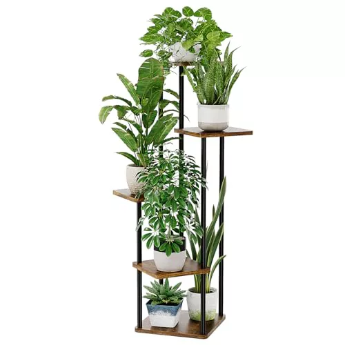 Bamworld Soporte Esquinero para Plantas de Interior Estante de Metal de 5 Niveles para Múltiples Plantas Soporte Alto para Flores para Patio, Jardín, Balcón, Sala de Estar, Dormitorio (Marrón)