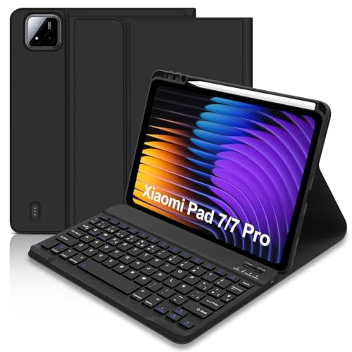 Funda con Teclado Bluetooth Español para Xiaomi Pad 7/7 Pro 11.2" 2025 - Protector Extraíble con Portalápices y Tecla Ñ (Negro)