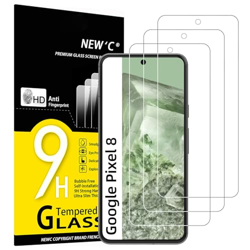 NEW'C 3 Piezas, Protector Pantalla para Google Pixel 8, Cristal templado Antiarañazos, Antihuellas, Sin Burbujas, Dureza 9H, 0.33 mm Ultra Transparente, Ultra Resistente