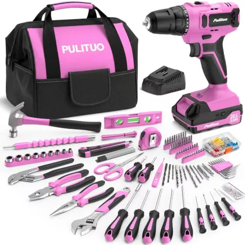PULITUO Caja de Herramientas 238 Piezas 20V Rosa Atornillador bateria 35NM | Maletín Herramientas con Taladro Batería y Atornillador Batería, LED, para Reparaciones en Hogar, DIY y Renovación