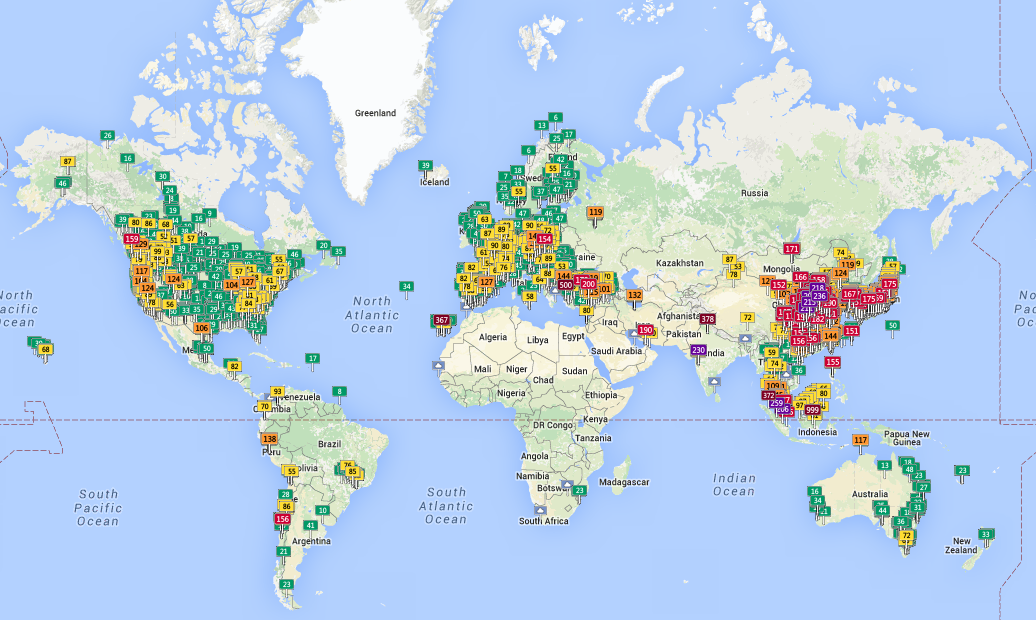 Este mapa muestra la contaminación del aire en tiempo real en todo el mundo