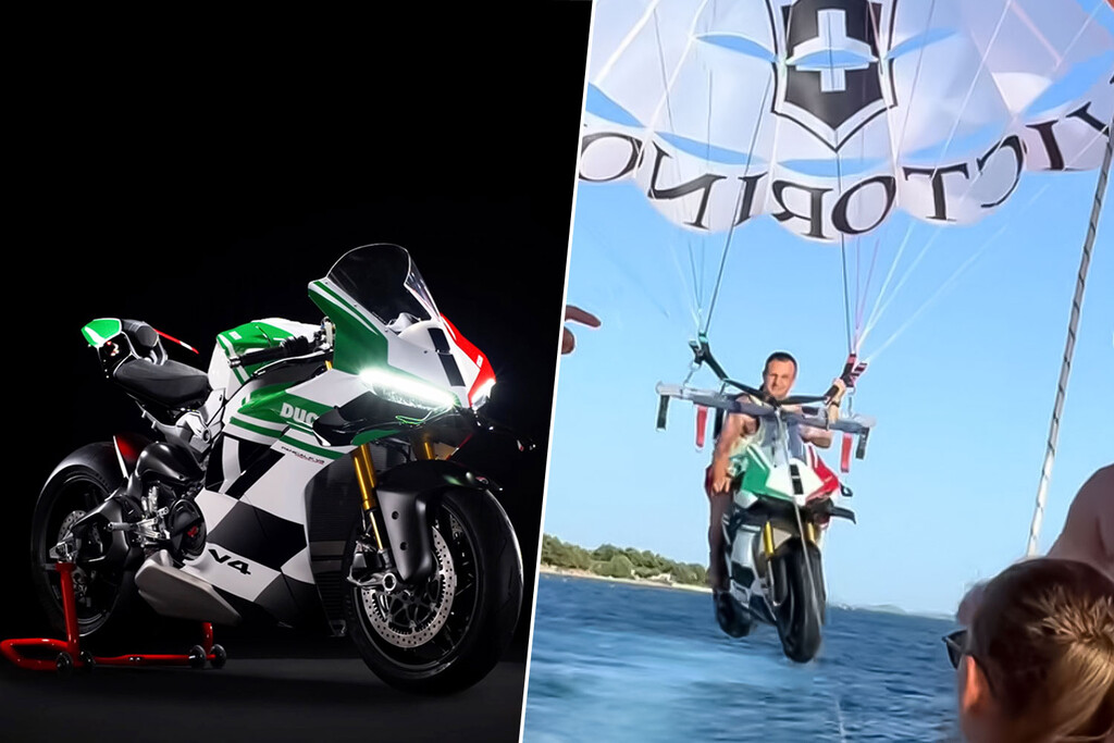 Un millonario le puso un parapente a una Ducati edición limitada para volar sobre el agua. No salió bien