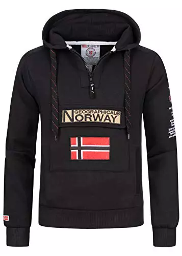 Geographical Norway GYMCLASS Men - Sudadera con Capucha y de Bolsillo Canguro para Hombre - Sudadera con Logo de la Marca y Manga Larga (Negro, S)