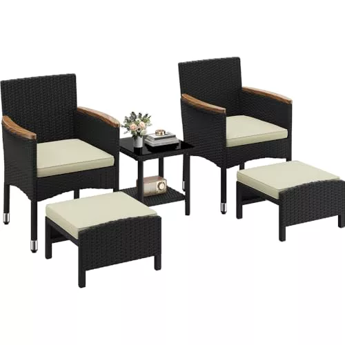 Yaheetech Conjunto de Muebles Ratán de Jardín 5 Piezas, 2 Sillones 2 Otomanas 1 Mesa de Vidrio Templado, Resistente a Intemperie,para Patio Piscina Terraza Negro/Beige