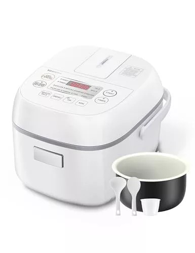 Toshiba Small Rice Cooker 3 Cup Uncooked – LCD Display with 8 Cooking Functions, Fuzzy Logic Technology, 24-Hr Delay Timer and Auto Keep Warm, Non-Stick Inner Pot, White