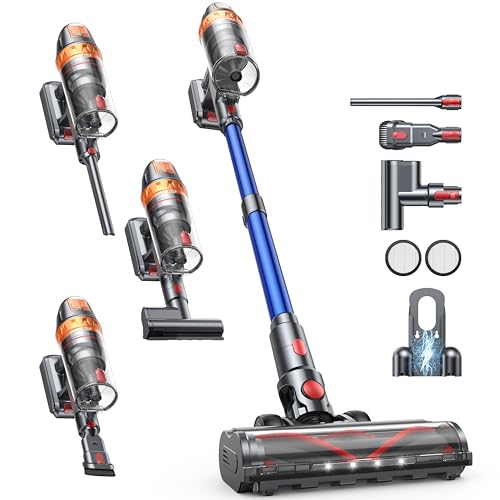 600W/45kPa/60Mins(Modo ECO) Aspiradora sin Cable, Aspiradora Escoba sin Cable Potente Modo Automático con Cepillo para Colchón, Carga Mural Inteligente y Anti-enredos para Pelos/Alfombras/Mascotas