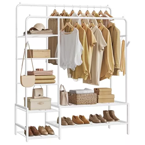 SONGMICS Perchero, Armario Abierto, con 7 Estantes, Estructura de Metal, Barra de Colgar, para Dormitorio, Salón, Entrada, Blanco HSR182WG01