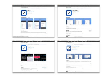 iPhone、iPad、Apple Watch、Mac のバージョンがアプリでどのように表示されるかを示す例。