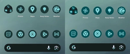 Android 15 QPR1 Beta 3 以前(左)と Android 15 QPR1 Beta 3 のモノクロ アイコン。9to5Google のスクリーンショット
