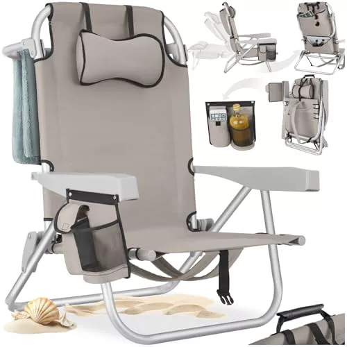 tectake® Silla Playa Plegable con Respaldo Ajustable, Estructura de Aluminio, Función Mochila, Silla Camping Ligera, Ideal cómo Sillas Playa o Sillas Plegables Camping para Relax - 1 Unidad Beige