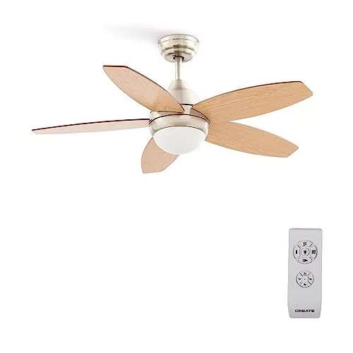 CREATE / WINDFLOWOOD/Ventilador de techo con luz níquel aspas madera natural con mando / 60W, Aspas reversibles, Ø107cm, 3 velocidades, 3 temperaturas de luz, función verano-invierno, 60W