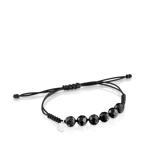 TOUS Pulsera de Cordón Negra de Onix con Motivo de Oso en Plata de Primera Ley para Mujer, 16.5cm de Largo, Colección Basics