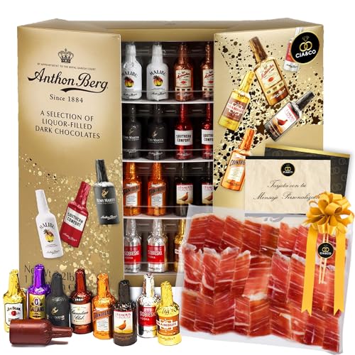 Cia&Co x Anthon Berg + Jamón Serrano - Botellitas de Chocolate Rellenas de Licor · 64 Bombones con Licor - 1 Kg + Degustación de Jamón Serrano Premium Gran Reserva + Tarjeta Personalizada