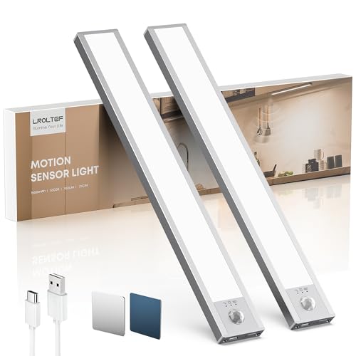 LROLTEF Luz Led Armario Cocina con Sensor de Movimiento Interior - 21CM 1500mAh 6500K Lampara Luces Mueble Recargable sin Cables - Inteligente Lamp Nocturna para Gabinete Escalera Pasillo | 2 Piezas