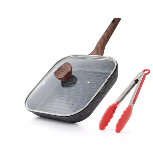 Kordisen Sartén antiadherente con tapa para estufas, sartén cuadrada de 28 cm para cocinar en interiores, sartén con revestimiento de granito con boquillas de vertido, plancha versátil