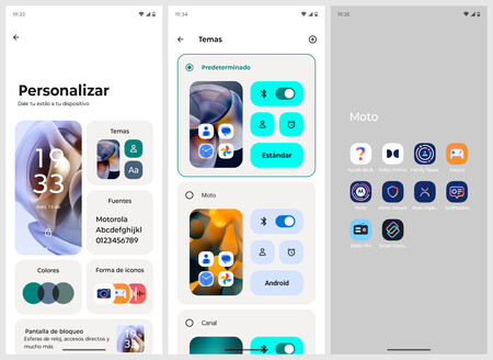 Capturas de algunas de las opciones de personalización que ofrece Motorola y de las aplicaciones de la compañía que vienen en el móvil