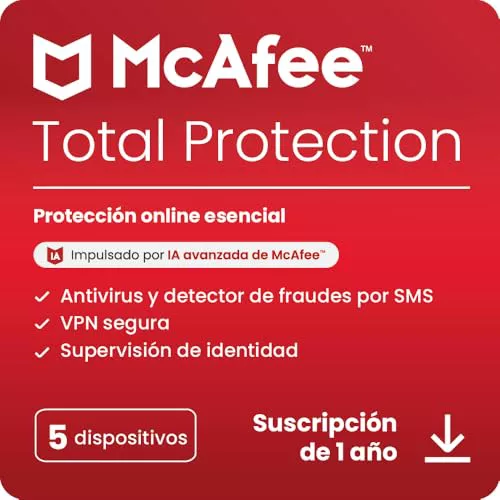 McAfee Total Protection para 5 dispositivos, 2025 |12 meses | VPN segura, el software de seguridad incluye antivirus, gestor de contraseñas, supervisión de identidad | Descarga digital