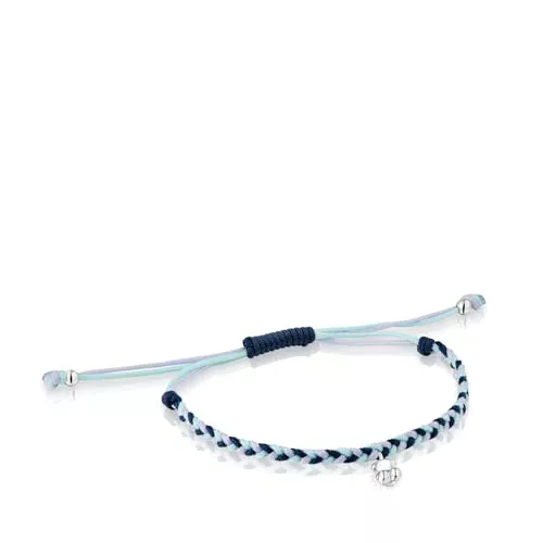 TOUS Pulsera para Mujer con Motivo Oso de Plata de Primera Ley y Nylon En Color Azul, 17cm de Largo, Colección Motivos