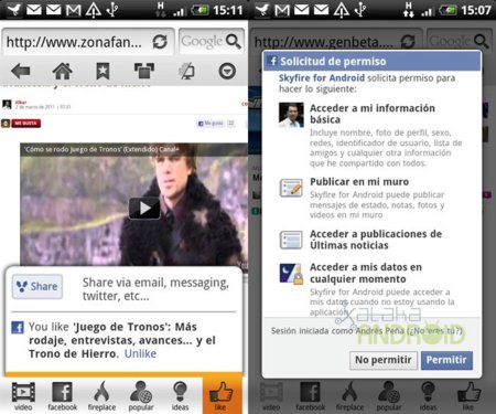 Skyfire: Botón Like y solicitud de permisos