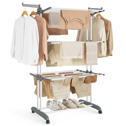 SONGMICS Tendedero Plegable de 4 Niveles, con Ruedas, Alas Plegables