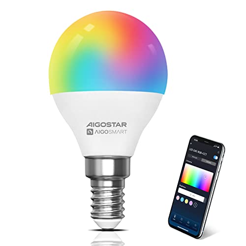 Aigostar Bombilla Inteligente, Bombilla Wifi G45 E14 6.5W, Bombilla Led Inteligente RGBCW Compatible con Alexa/Google Home, No se Requiere Concentrador. Control Remoto,Control De Voz, 1 PCS.