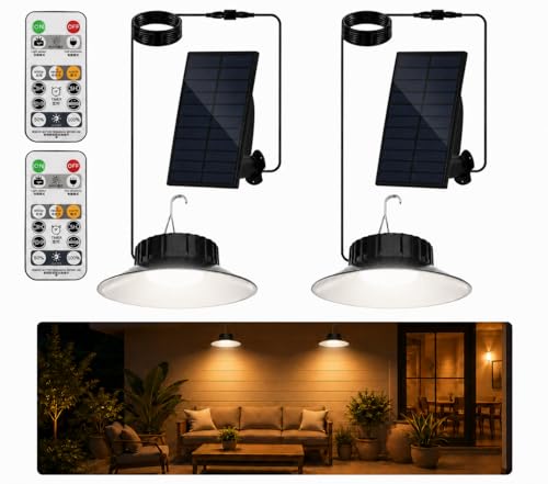 NATPOW Lámpara Solar para Exterior, 3 Colores Luz Solar Techo para Exterior e Interior con Mando a Distancia, Impermeable IP65 Luz Solar Colgante para Jardín Terraza Garaje Patio, 2 Piezas