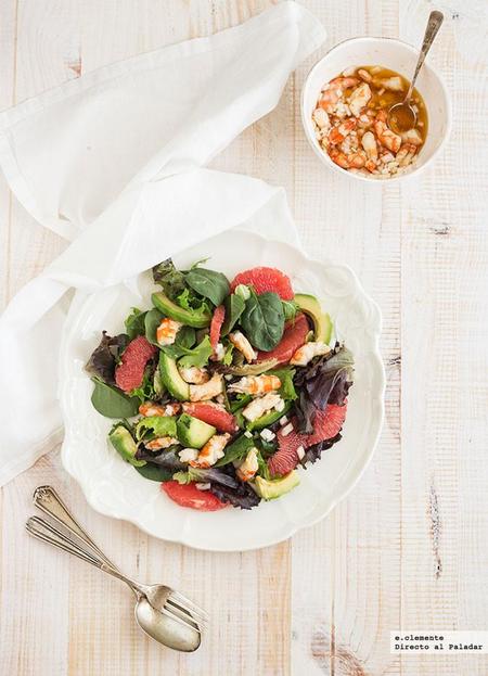 Ensalada de langostinos, pomelo y aguacate. Receta