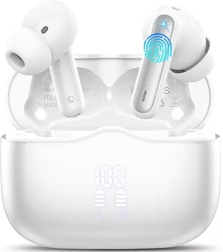 Auriculares Inalambricos Bluetooth, Auriculares Bluetooth 5.4 con Reducción de Ruido 4 Mic, 40H Cascos Inalambricos con HiFi Estéreo, Pantalla LED, IP7 Impermeable, Carga Rápida, Ajuste Cómodo, Blanco