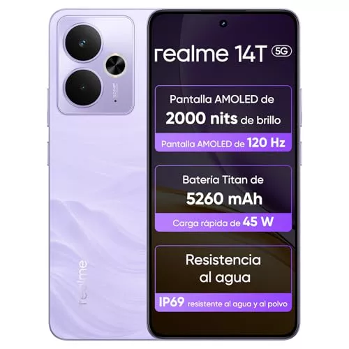 realme 14T 5G Smartphone 8+256GB, Chipset Dimensity 6300, Display Esports AMOLED 120Hz de 6,67", Capacidad Super Large de 5260mAh,IP69 Impermeable,Surf Design, Next Ai,Violeta fulmineo (sin adaptador)
