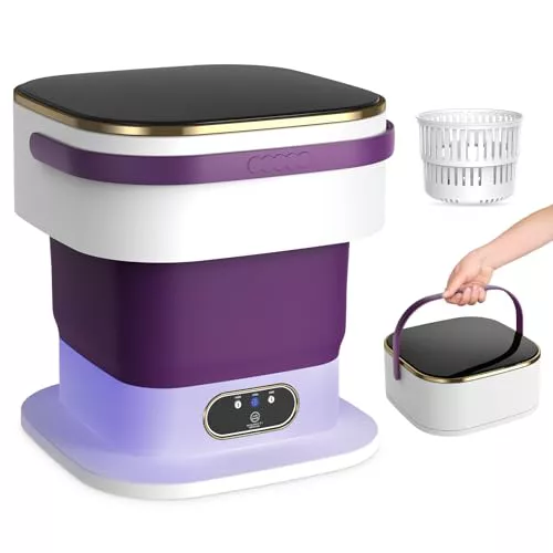 Mini Lavadora,15L Lavadora Portatil con Centrifugado y 3 Modos de Limpieza Profunda,Lavadora Camping Plegable para Apartamentos, Dormitorios, Viajes, coches de turismo (Morado)