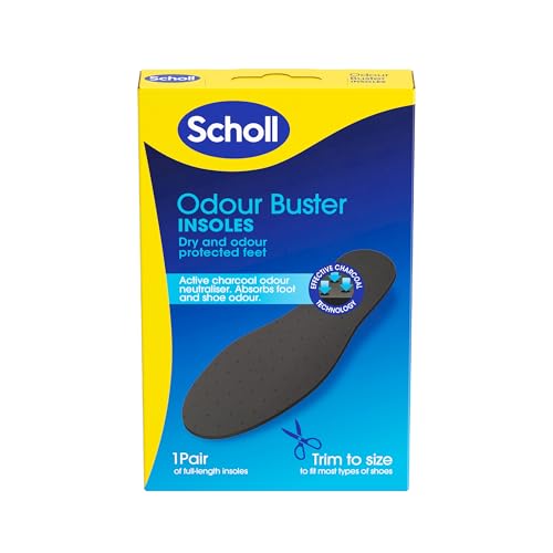Scholl Plantillas para eliminar olores con tecnología de neutralización de olores de carbón activo, ideales para zapatillas sudorosas o malolientes, recortadas para ajustar, talla 3-11, 1 par