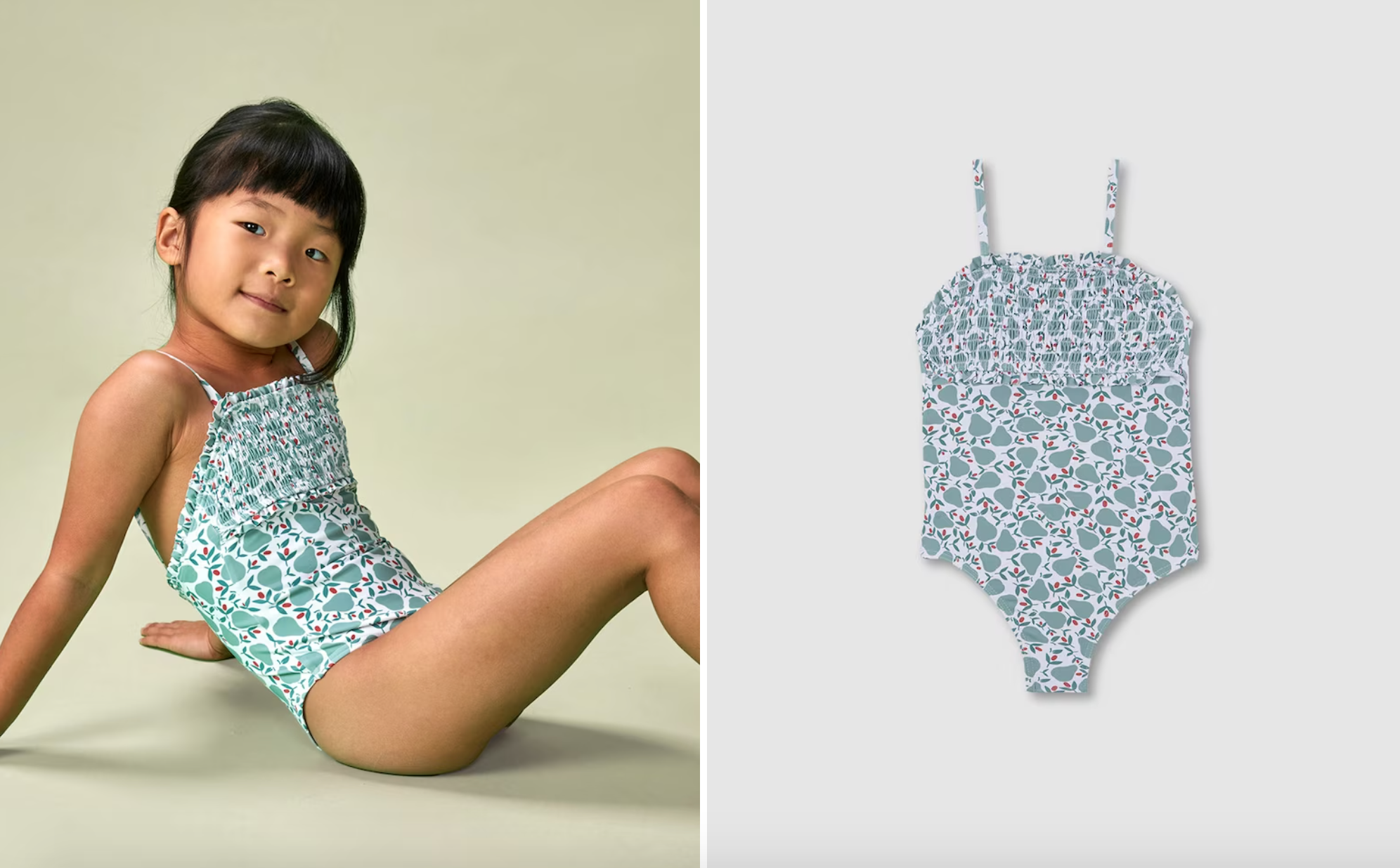 Bañador de lycra estampado y peras, engomado en pecho y detalle volantes.