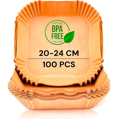edihome, Papel Freidora Aire, Air Fryer, 100 Unidades, 20-24 cm, BPA Free, Desechable, para Horno, Accesorios para Freidora sin Aceite de 5 a 8 litros (20-24 cm, Cuadrado)