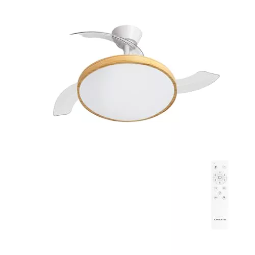 CREATE / WIND CLEAR STUDIO M/Ventilador de techo con luz blanco y madera clara con mando / 40W, Temporizador, Ø 108 cm, aspas retráctiles, 3 temperaturas de luz, función verano-invierno